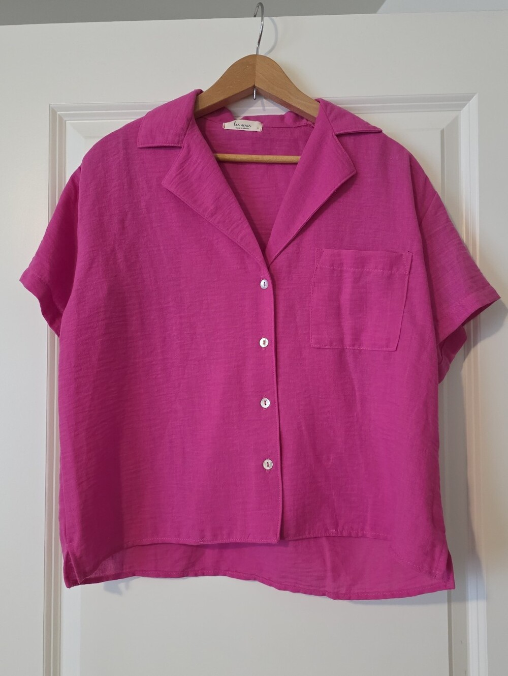 Les Amis Button Collard Short Sleeve Boxy Womens S Pink Preppy Boho Coastal